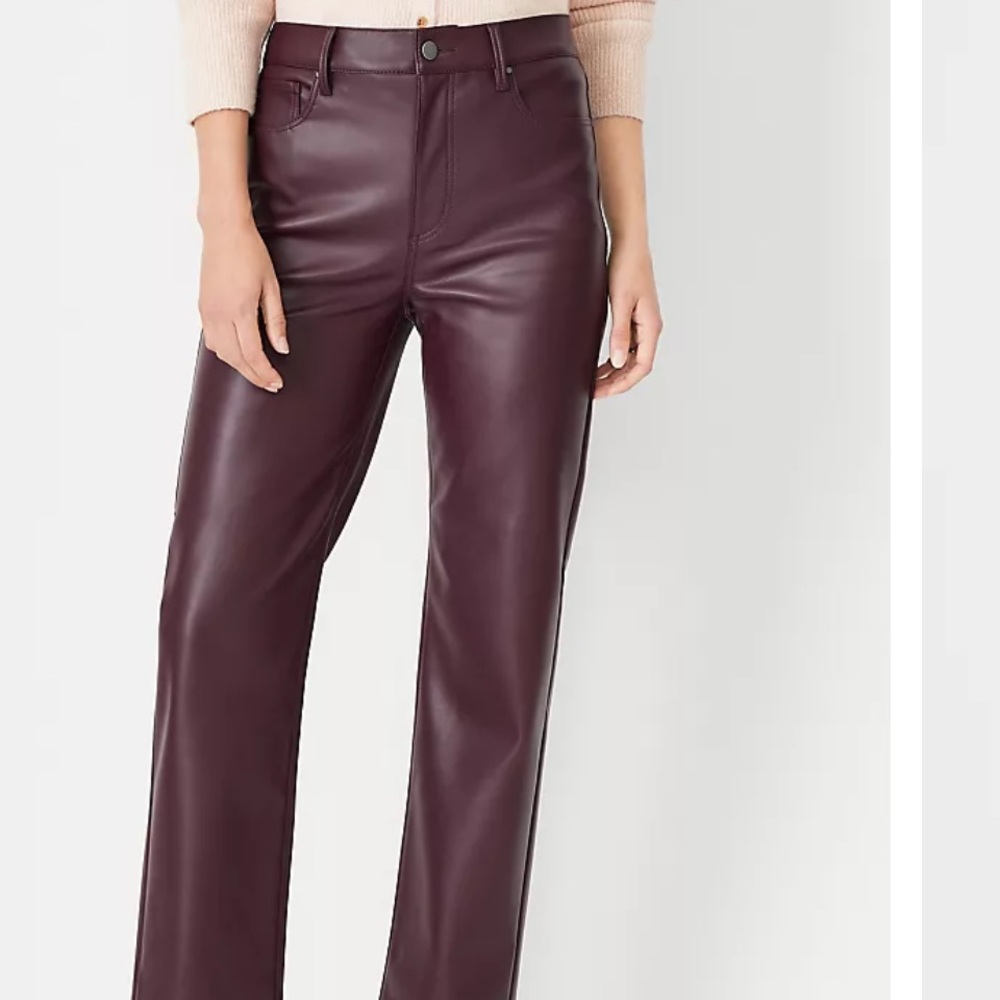 Ann Taylor The Five Pocket High Rise Straight Pant in Faux Leather burgundy 
J